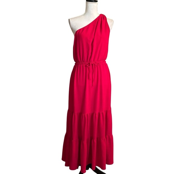 MAX STUDIO ONE SHOULDER TIRED MAXI DRESS POCKETS IN COLOR CERISE Sz MEDIUM NEW - Picture 2 of 9